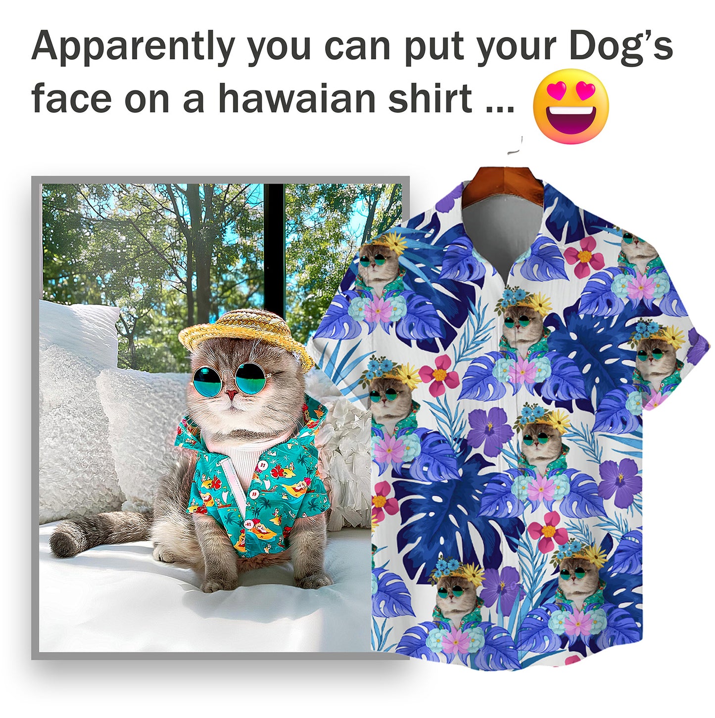 Individuelles Hawaiihemd für Tierliebhaber | Personalisiertes Geschenk für Tierliebhaber | Aloha-Shirt mit tropischem Blätter- und Blumenmuster in Weiß