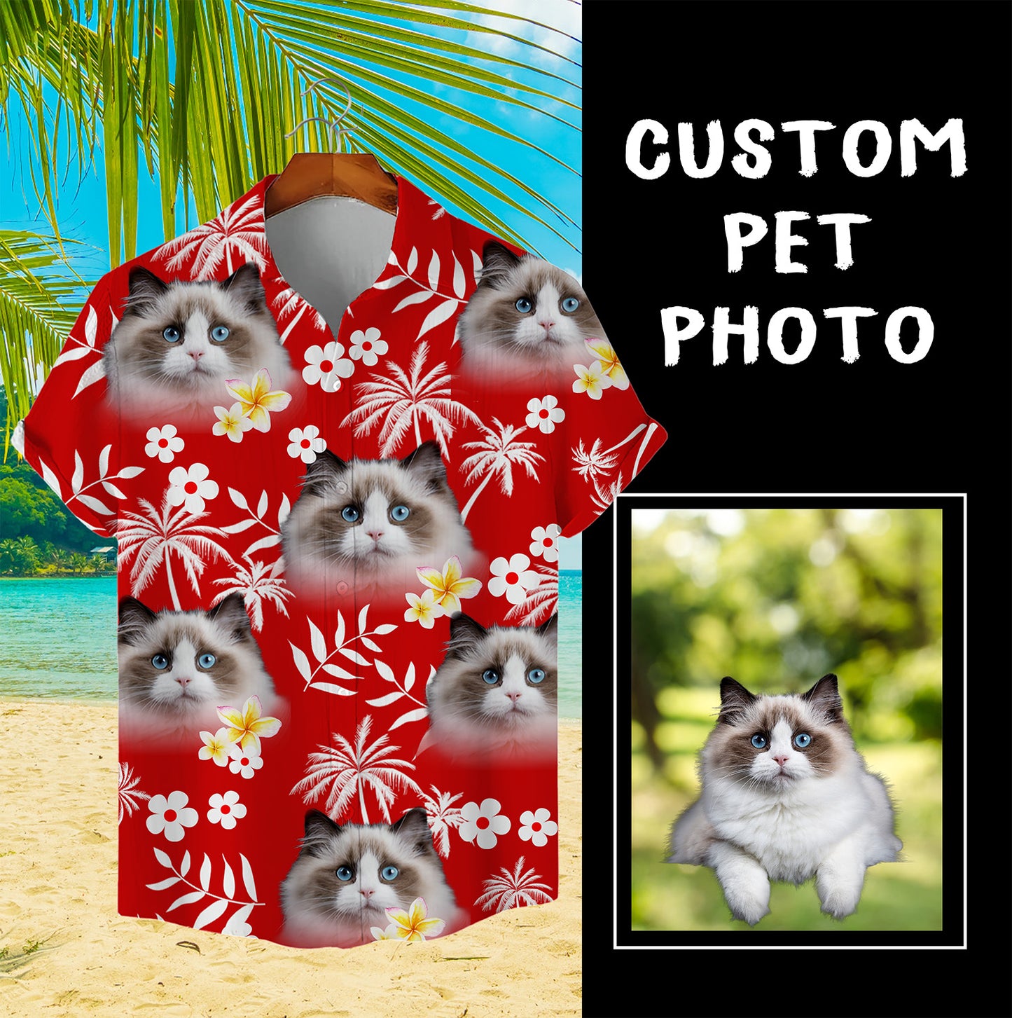 Benutzerdefinierte Hawaiian Shirt für Tierliebhaber | Personalisiertes Geschenk für Tierliebhaber | Palmen & Blumen Muster Rot Farbe Aloha Shirt