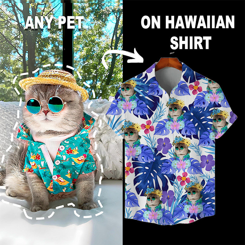 Individuelles Hawaiihemd für Tierliebhaber | Personalisiertes Geschenk für Tierliebhaber | Aloha-Shirt mit tropischem Blätter- und Blumenmuster in Weiß