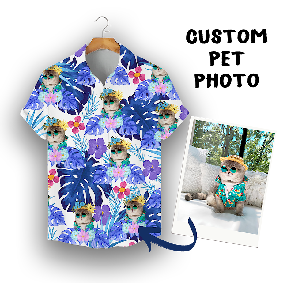 Individuelles Hawaiihemd für Tierliebhaber | Personalisiertes Geschenk für Tierliebhaber | Aloha-Shirt mit tropischem Blätter- und Blumenmuster in Weiß