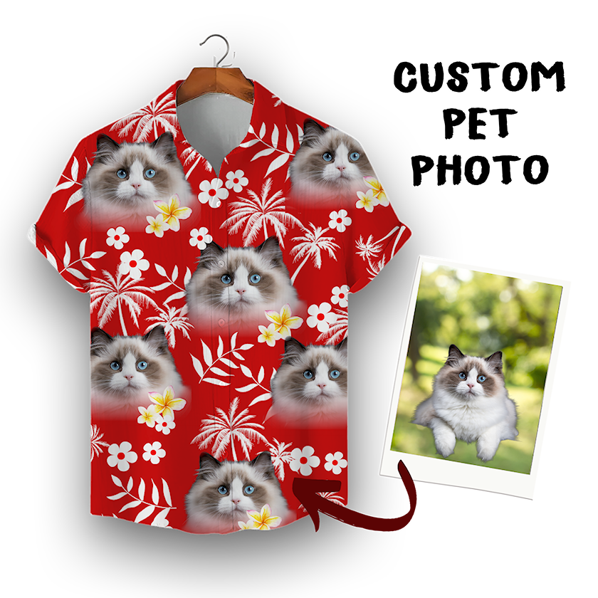 Benutzerdefinierte Hawaiian Shirt für Tierliebhaber | Personalisiertes Geschenk für Tierliebhaber | Palmen & Blumen Muster Rot Farbe Aloha Shirt