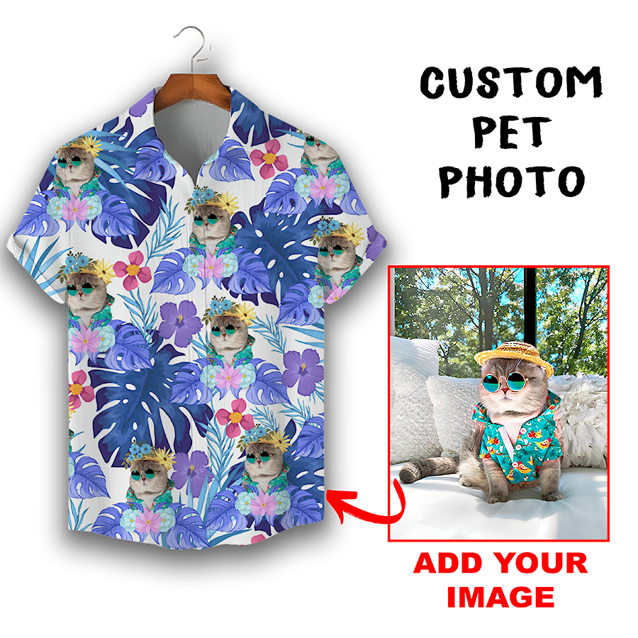 Individuelles Hawaiihemd für Tierliebhaber | Personalisiertes Geschenk für Tierliebhaber | Aloha-Shirt mit tropischem Blätter- und Blumenmuster in Weiß