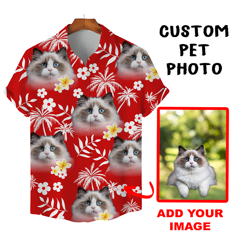 Benutzerdefinierte Hawaiian Shirt für Tierliebhaber | Personalisiertes Geschenk für Tierliebhaber | Palmen & Blumen Muster Rot Farbe Aloha Shirt