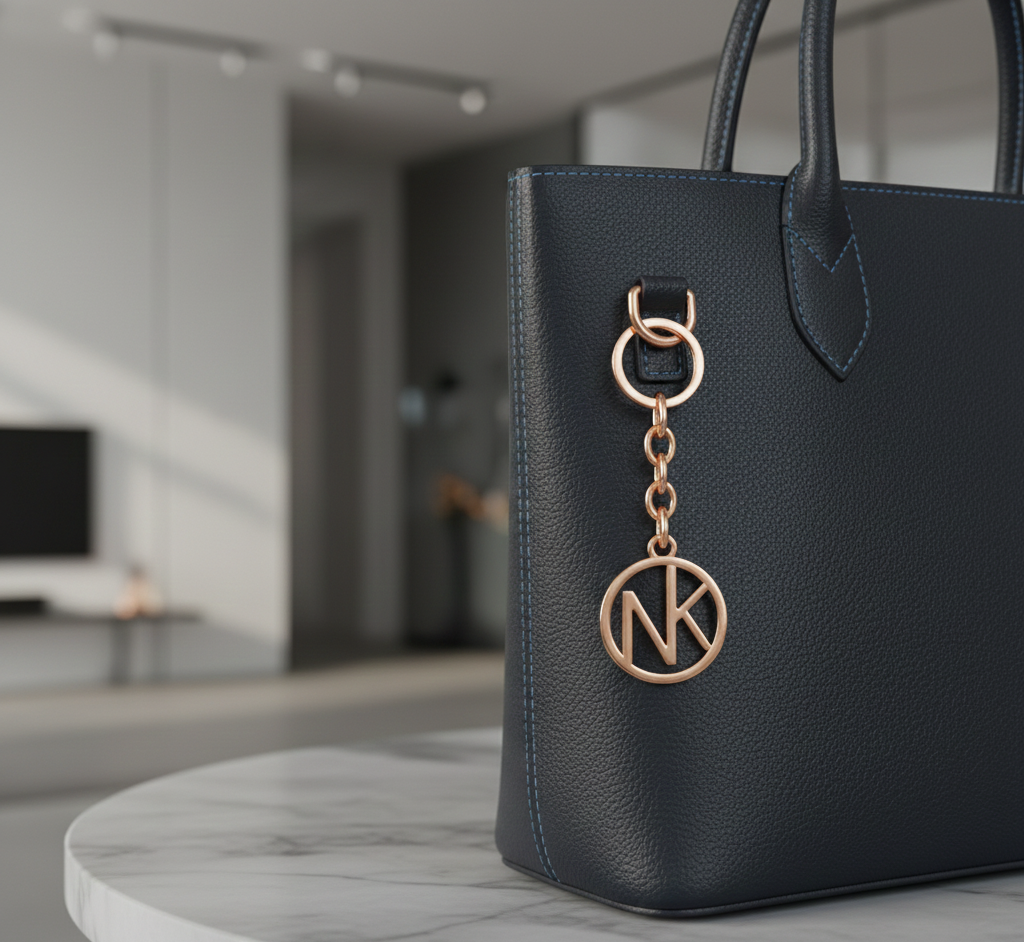 A rose gold monogram keychain with "NK" initials attached to a dark blue leather handbag, resting on a marble tabletop.