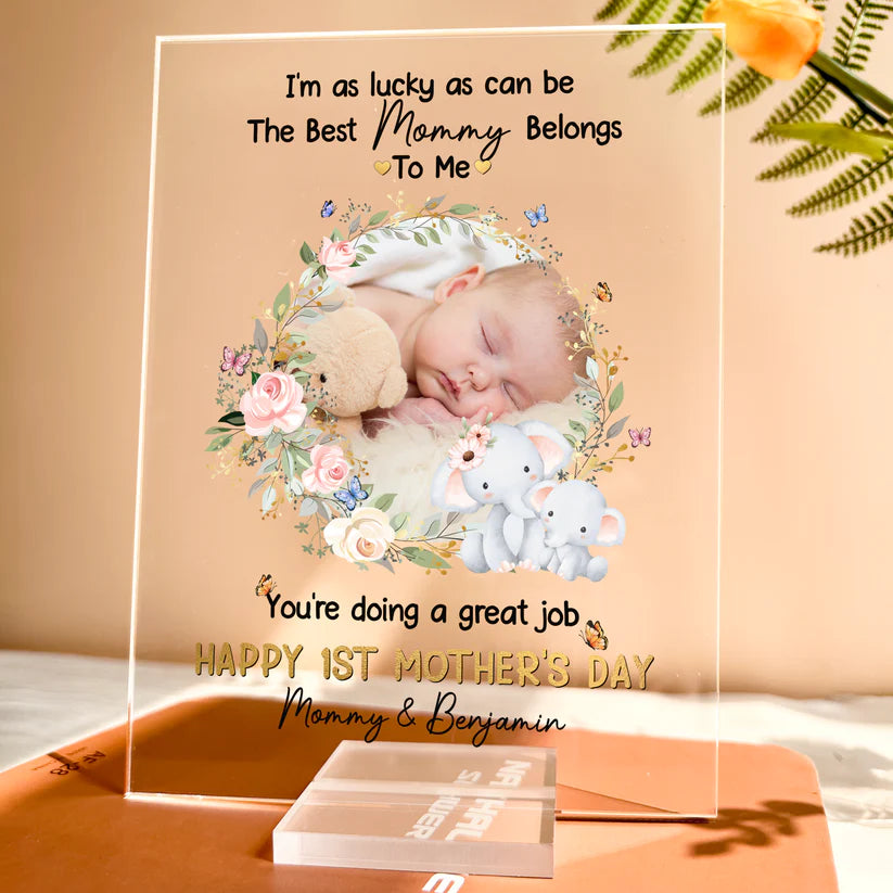 Ich bin so glücklich wie nur möglich, dass die beste Mama mir gehört – personalisierte Fotoplakette aus Acryl