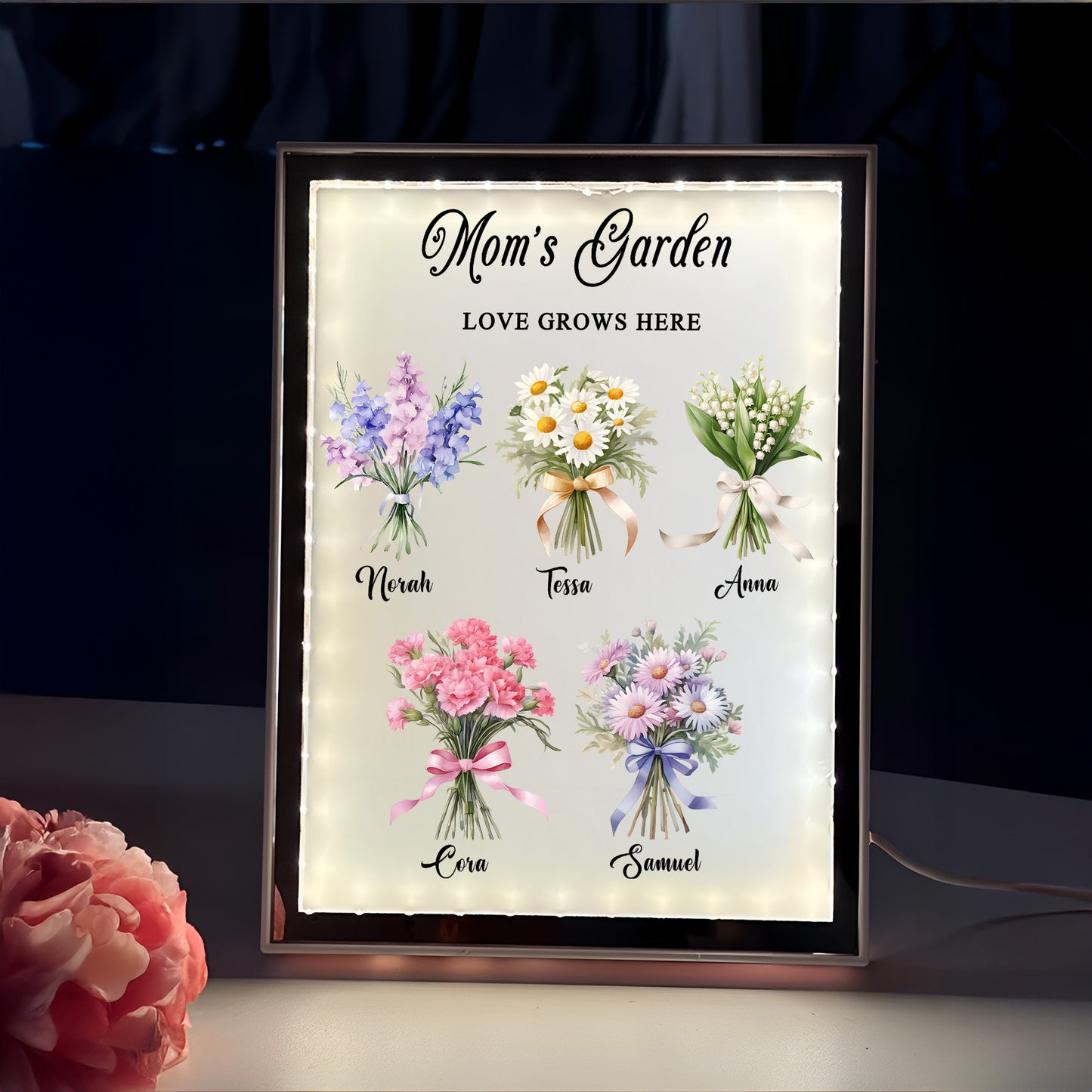 Birth Flower Bouquet Night Light Mirror - #1 Gift for Mom