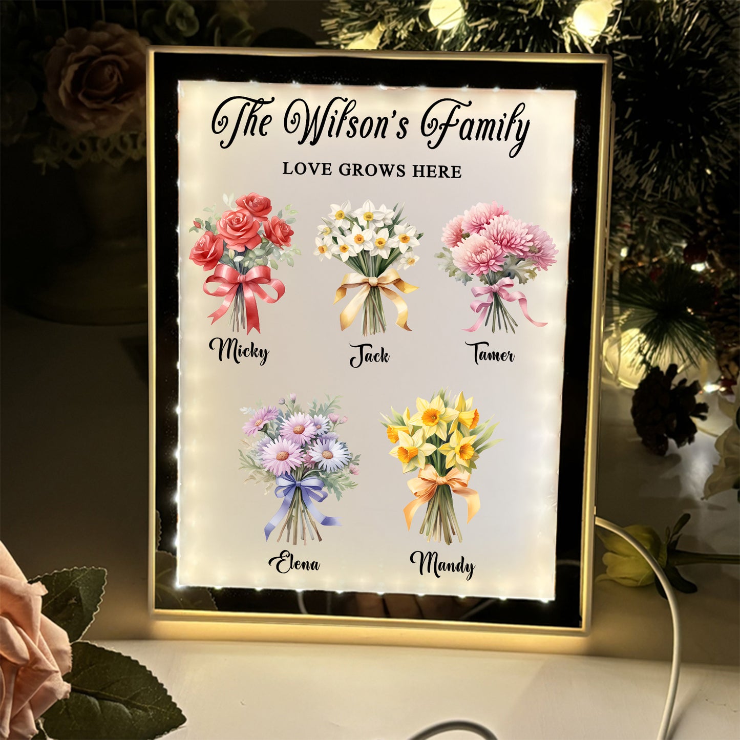 Birth Flower Bouquet Night Light Mirror - #1 Gift for Mom