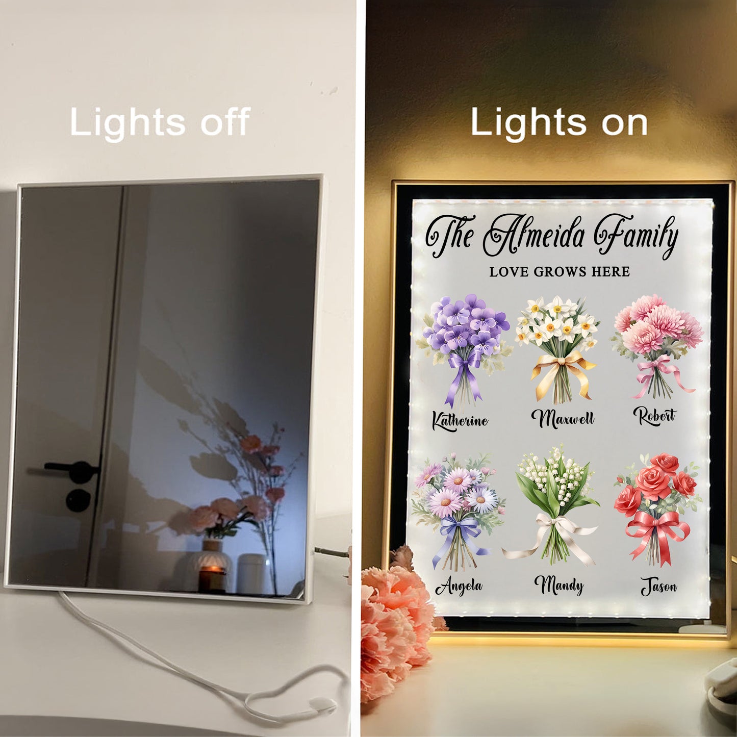 Birth Flower Bouquet Night Light Mirror - #1 Gift for Mom