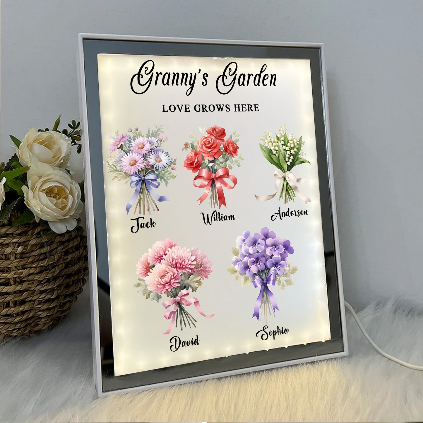 Birth Flower Bouquet Night Light Mirror - #1 Gift for Mom