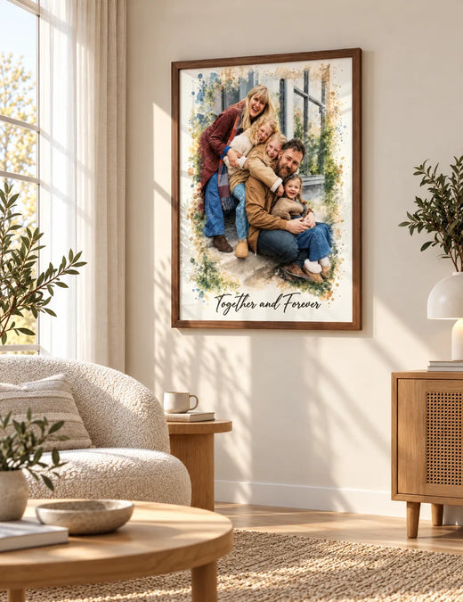 A framed watercolor family portrait of five on a living room wall