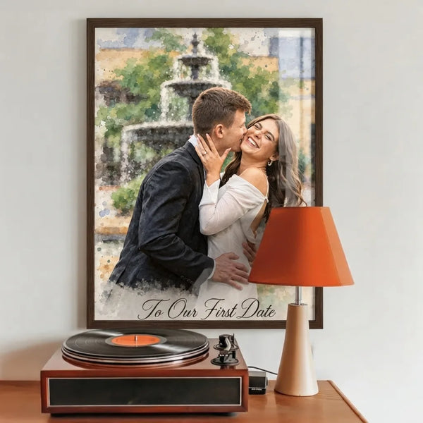 A large framed watercolor portrait of a couple by a fountain stands above a record player.