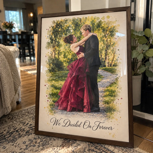 A framed watercolor portrait of a couple dancing in a garden stands on a patterned rug.