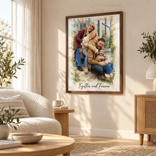 A framed watercolor family portrait of five on a living room wall