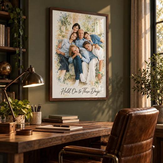 A framed watercolor family portrait of six above a wooden desk