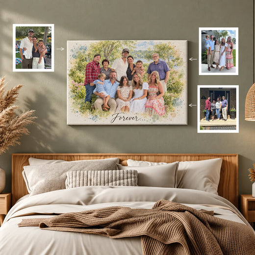A wide canvas family portrait above a bed with small photos showing where it came from