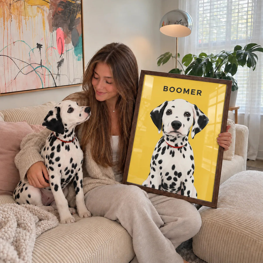 Custom pet portrait of a Dalmatian named Boomer on a yellow background, with the owner on a sofa