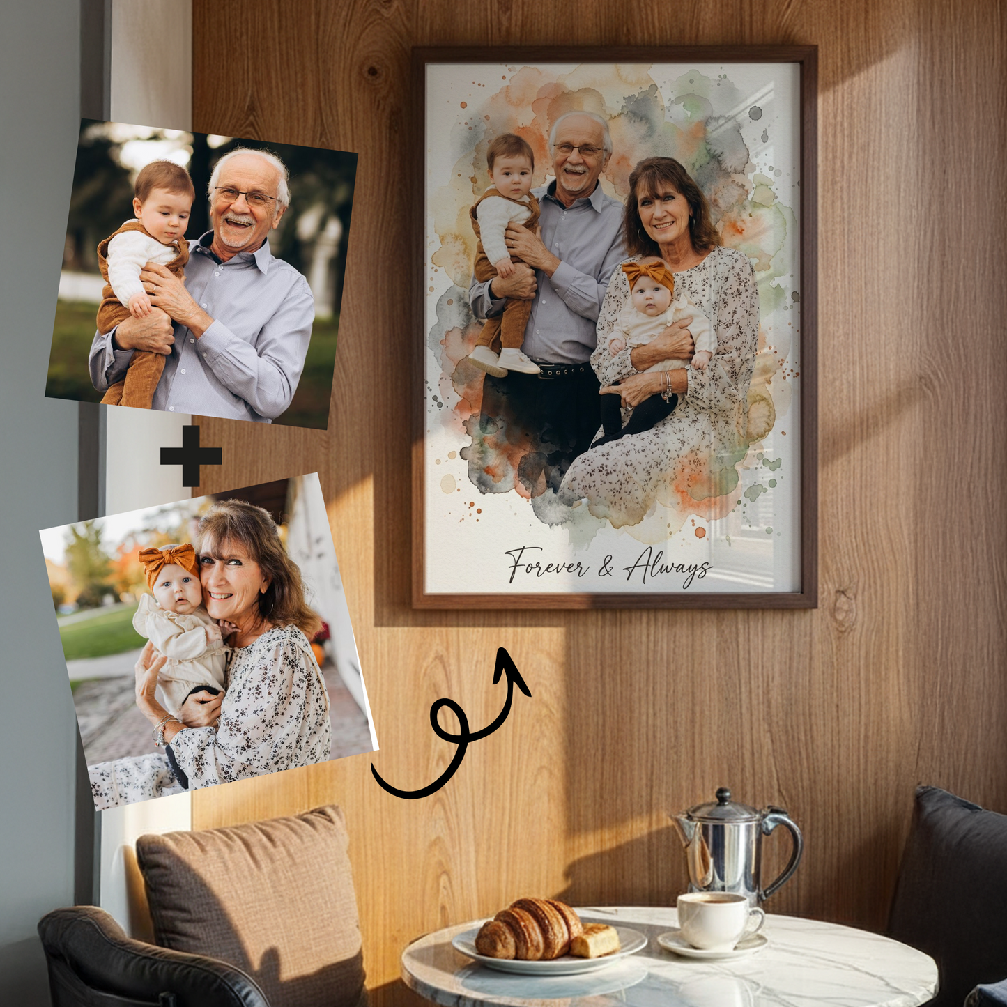 watercolor style merging family canvas with the photos on the side showing the people combined in portrait