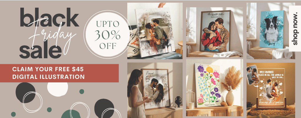 Black Friday website banner with 30% discount offer showcasing different portrait canvas'