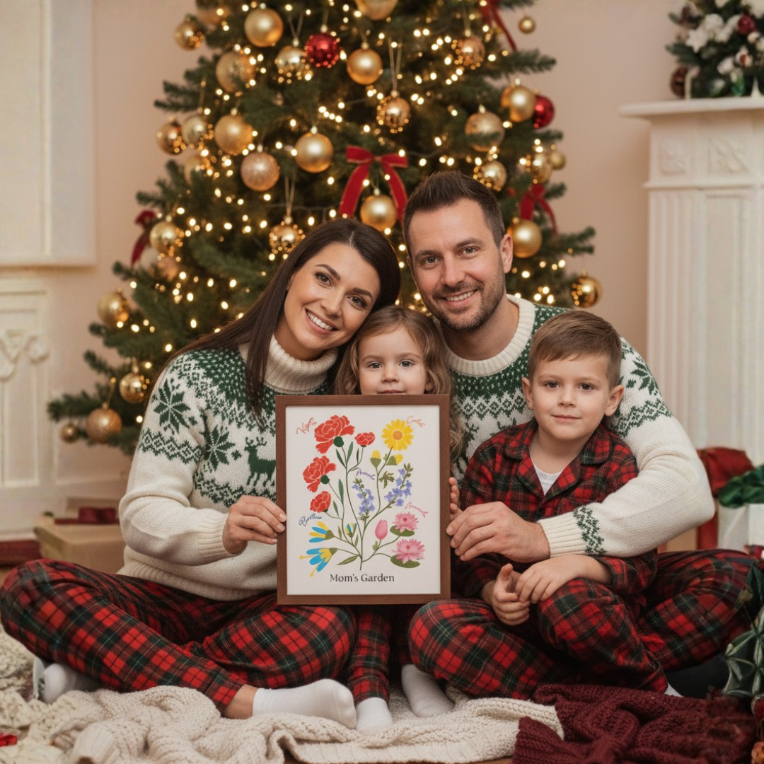 Family in front of Christmas tree holding birthflower artwork 