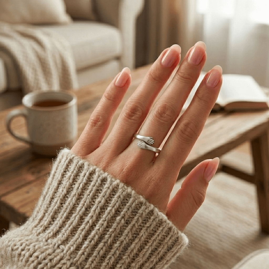 Detail view of a woman’s finger adorned with a tiny hands silver hug ring