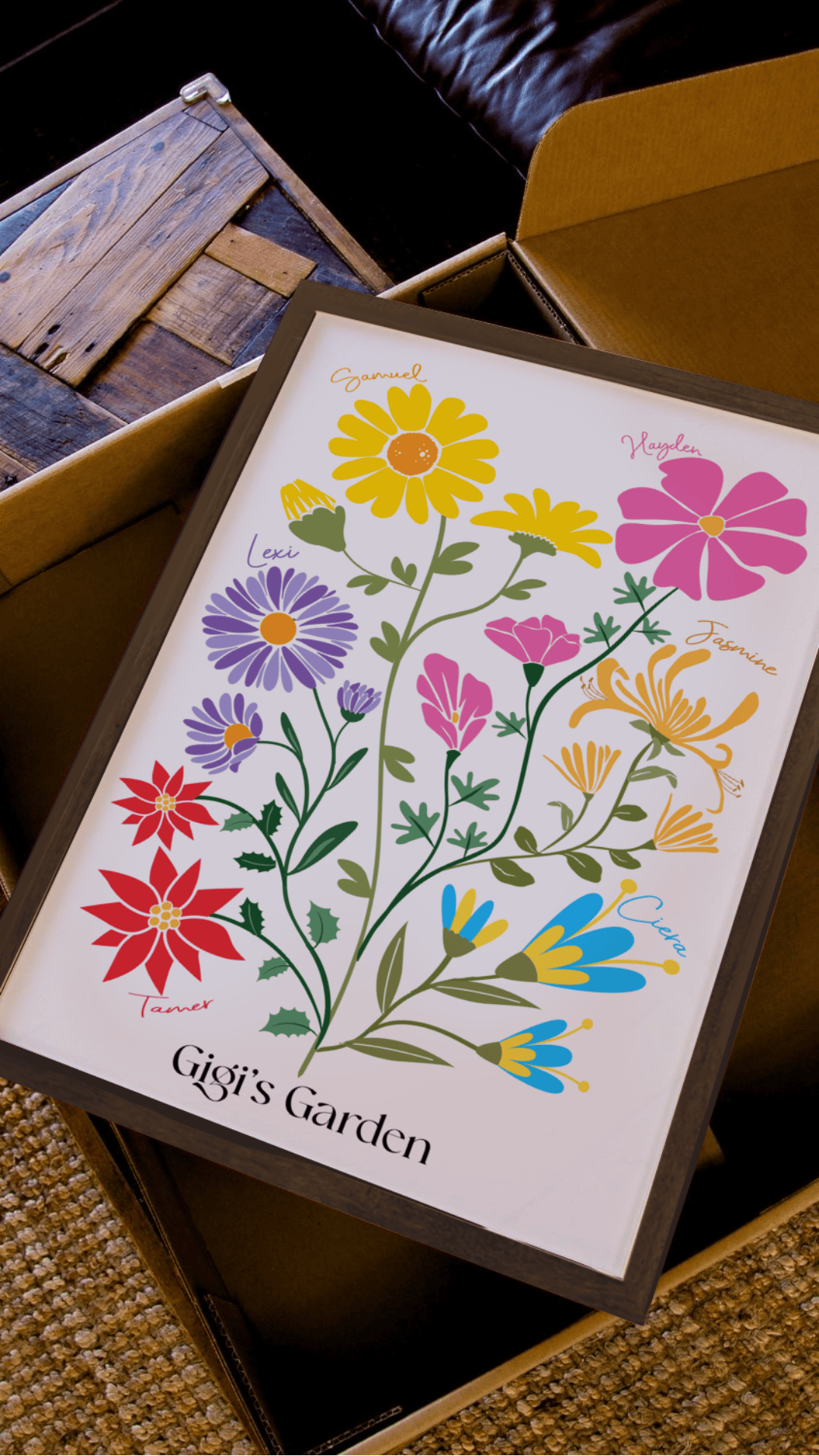 framed illustrated birth flower garden resting on a box 