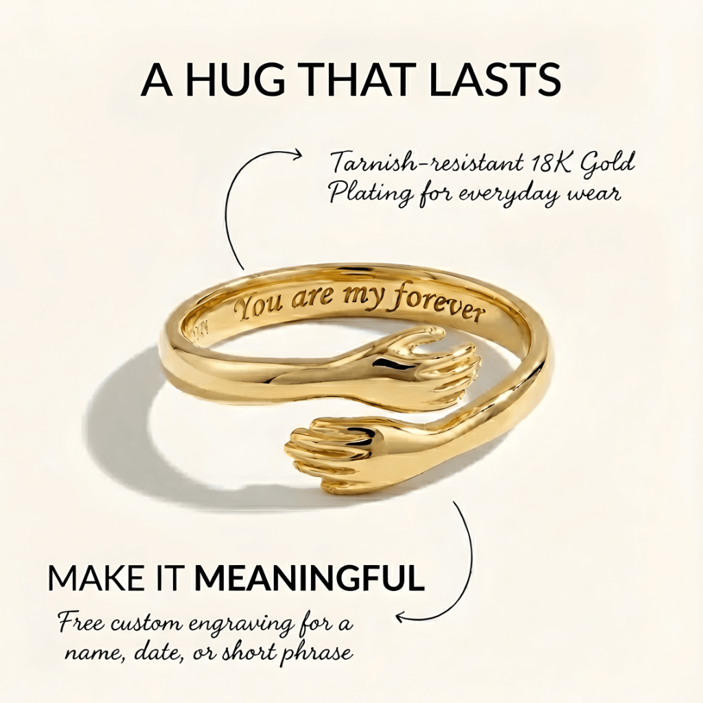 Close-up of a gold adjustable hug ring with small hands design, engraved with you are my forever on the inside 