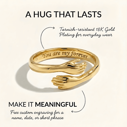 Close-up of a gold adjustable hug ring with small hands design, engraved with you are my forever on the inside 