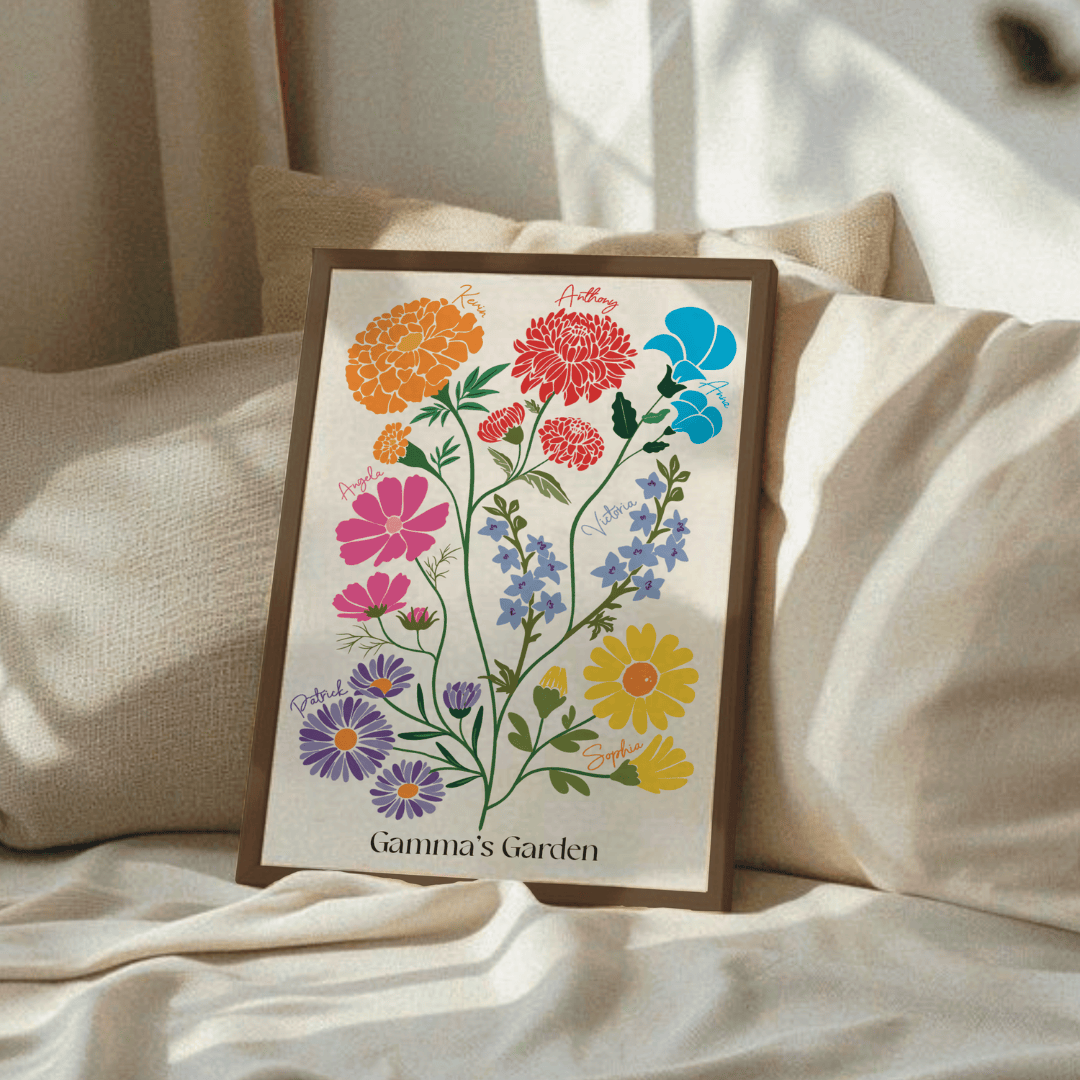 framed illustration of birth flowers resting against pillows