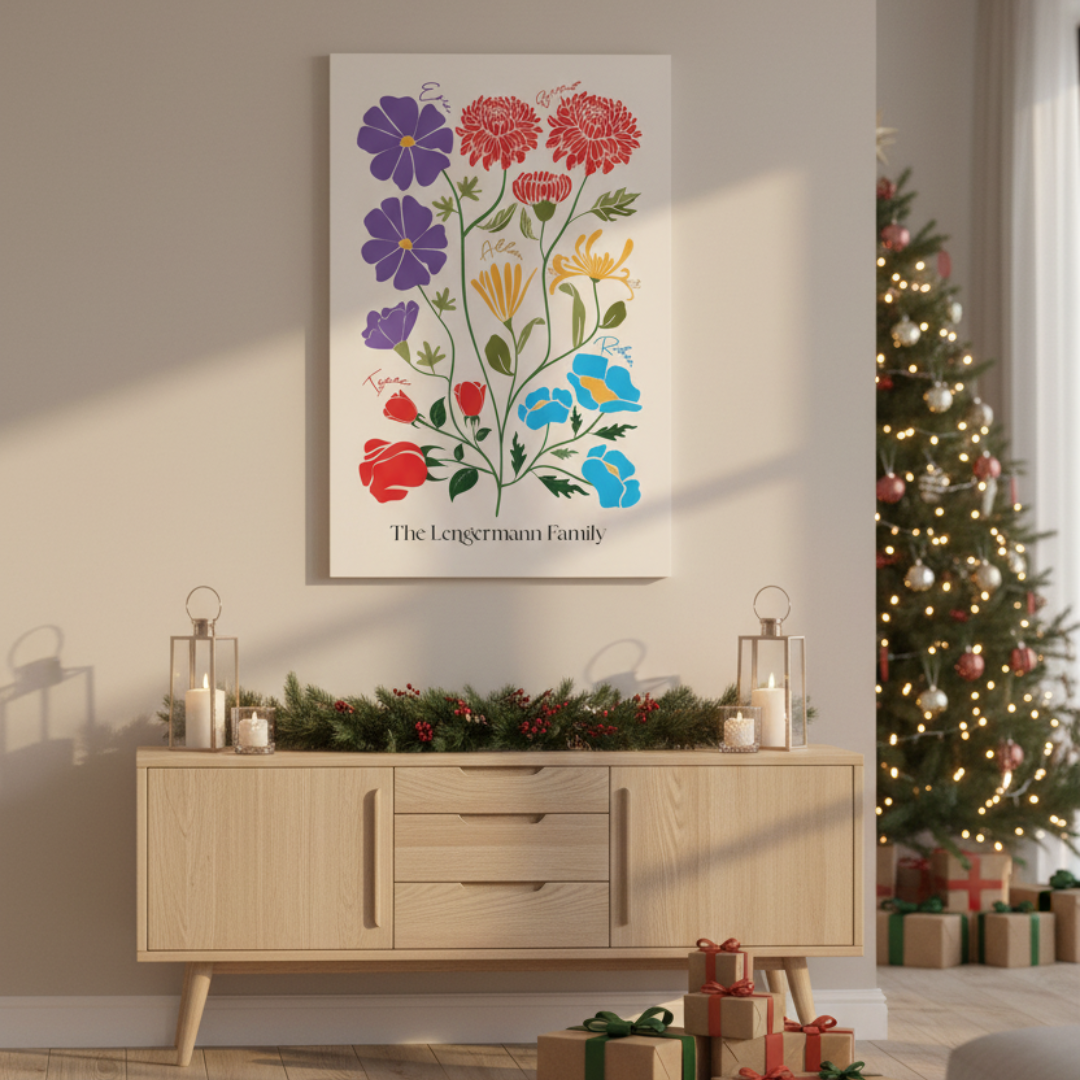 illustrated family garden canvas hanging above a dresser 