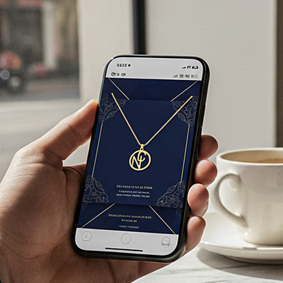 person holding a phone that shows a screen on a gold monogram necklace