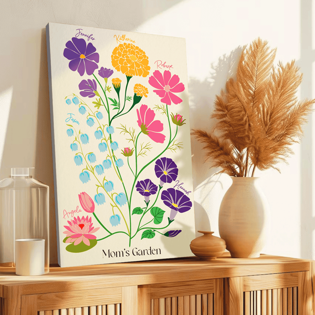 illustration of birth flowers resting on a chest of draws