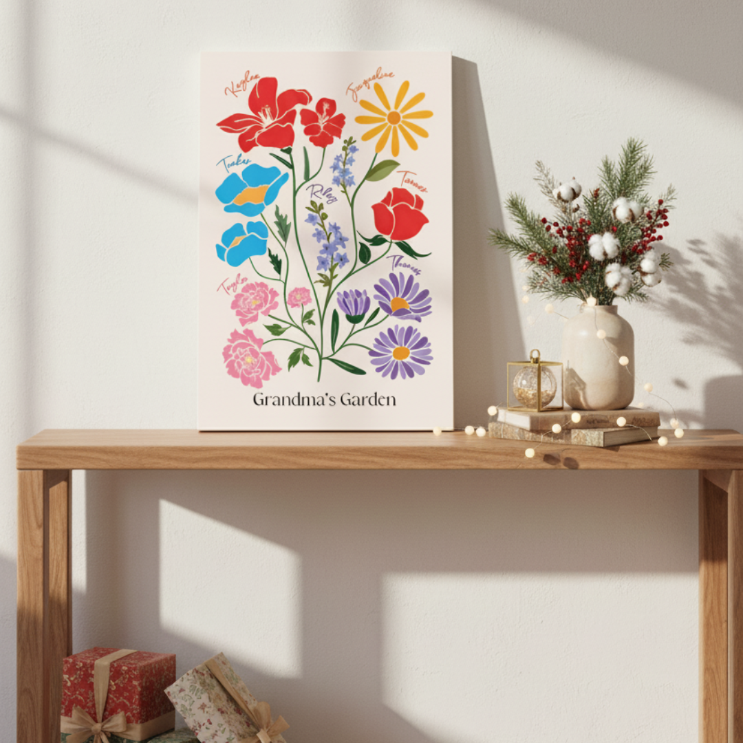 illustrated family garden canvas on a table leaning against a wall