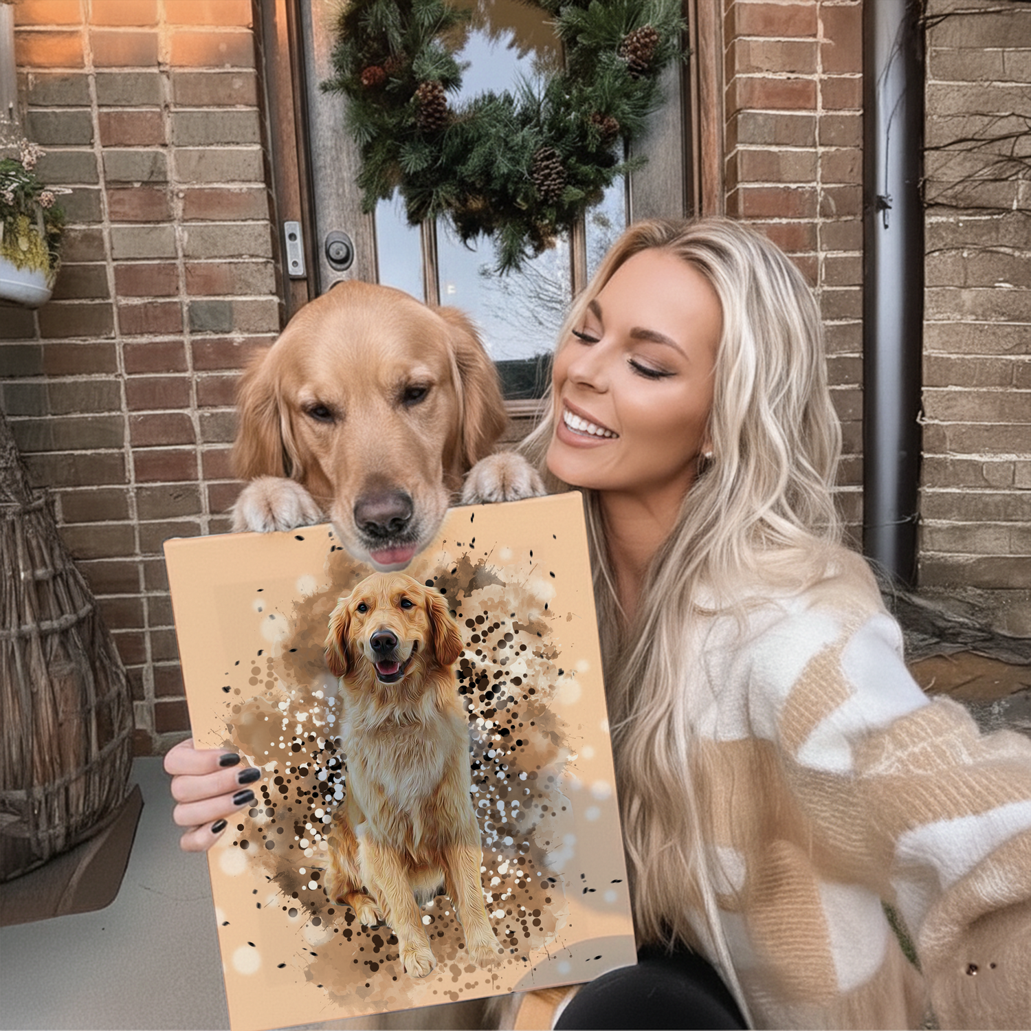 woman and her dog holding illustrated pet canvas of the large breed dog 