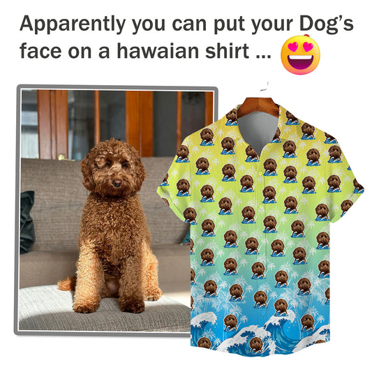 Individuelles Hawaiihemd für Tierliebhaber | Personalisiertes Geschenk für Tierliebhaber | Aloha-Shirt mit Wellen- und Palmenmuster in Ombre-Farbe