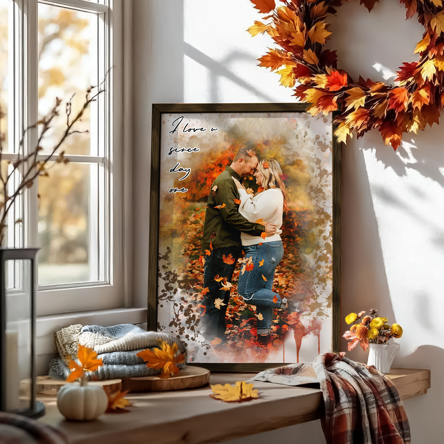 framed Fall themed personalized couples portrait leaning against a wall on a widow sill 