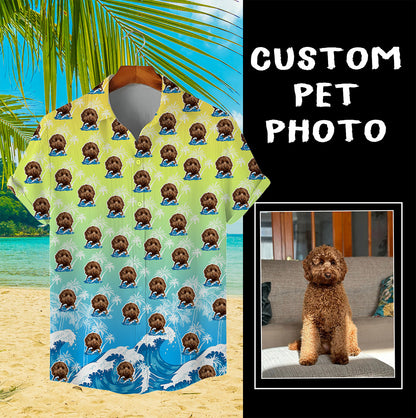 Custom Hawaiian Shirt for Pet Lovers | Personalized Pet Lovers Gift | Surfing Waves & Palm Trees Pattern Ombre Color Aloha Shirt