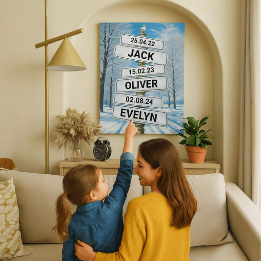A mother and daughter sitting on a sofa point to a canvas on the wall that depicts a snowy winter forest with street signs displaying names like "JACK," "OLIVER," and "EVELYN" along with specific dates.