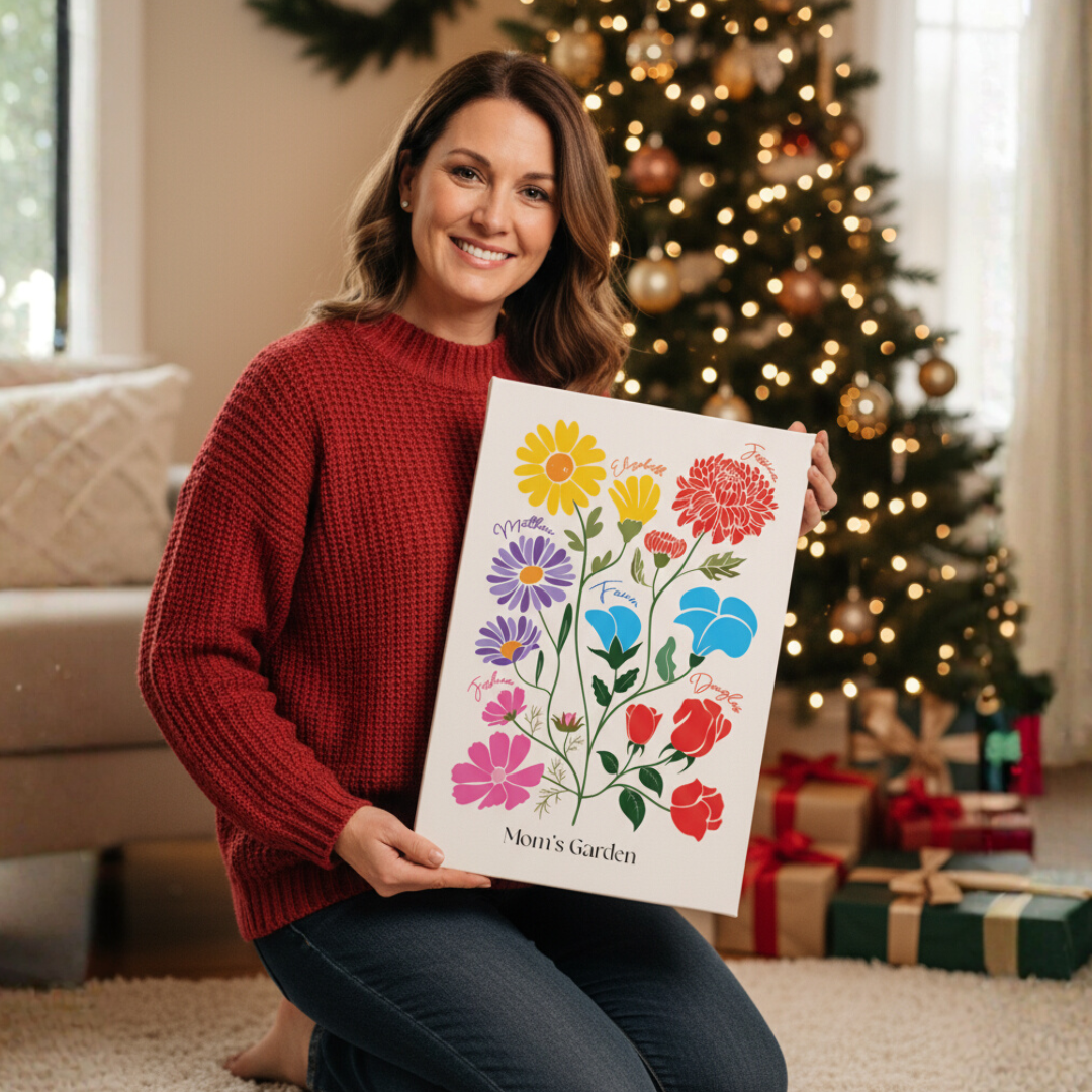 woman sitting in front of Christmas tree holding illustrated family garden 