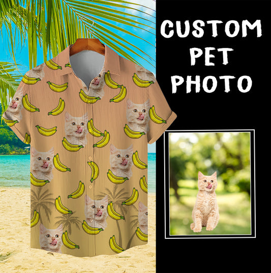 Individuelles Hawaiihemd für Tierliebhaber | Personalisiertes Geschenk für Tierliebhaber | Aloha-Shirt mit Bananen- und Palmenmuster in Beige