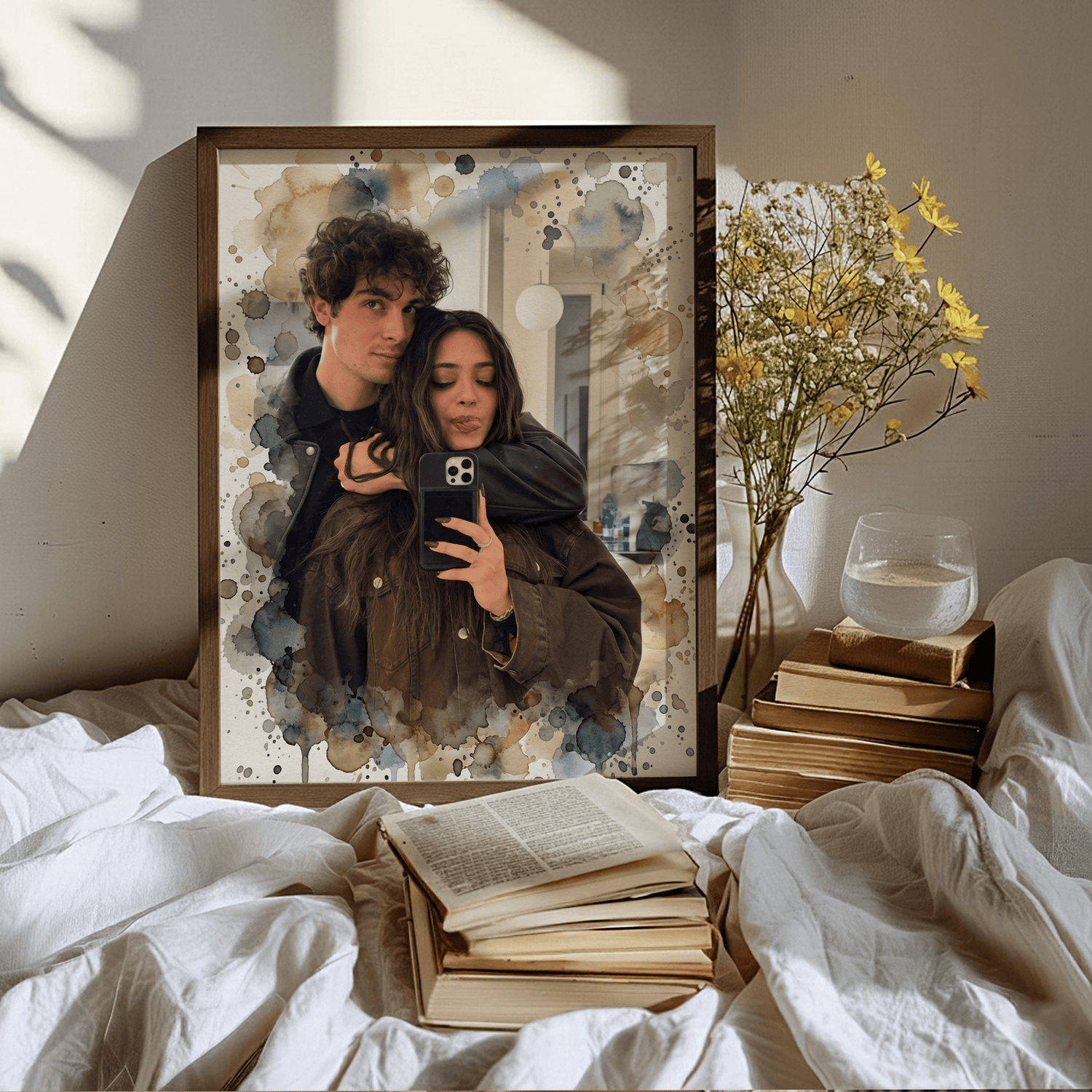 Personalized watercolor couple photo print in a dark frame, used as bedroom decor.