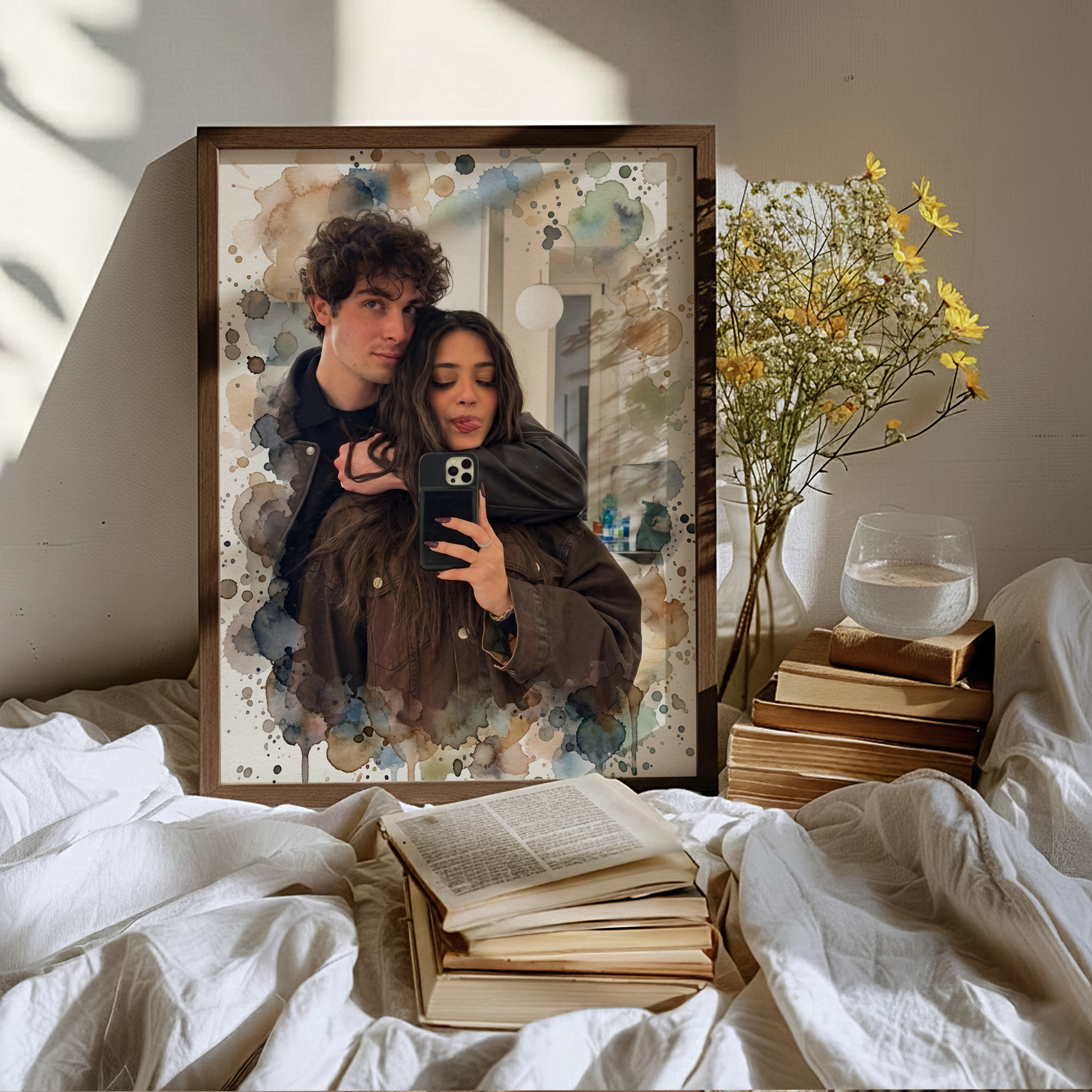 Framed personalized watercolor print of a young couple taking a selfie, featuring brown, blue, and gray paint splatters, resting on books and white bedding.