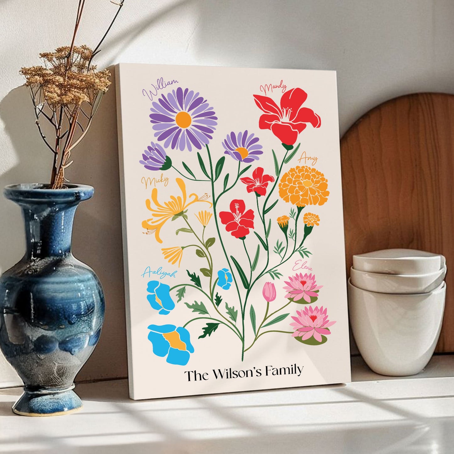 A wrapped canvas "The Wilson's Family" birth flower print displayed on a counter with a blue vase and white bowls.
