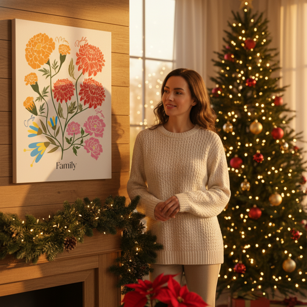 woman in Christmas setting, looking and smiling at an illustrated family garden canvas hanging above fireplace 
