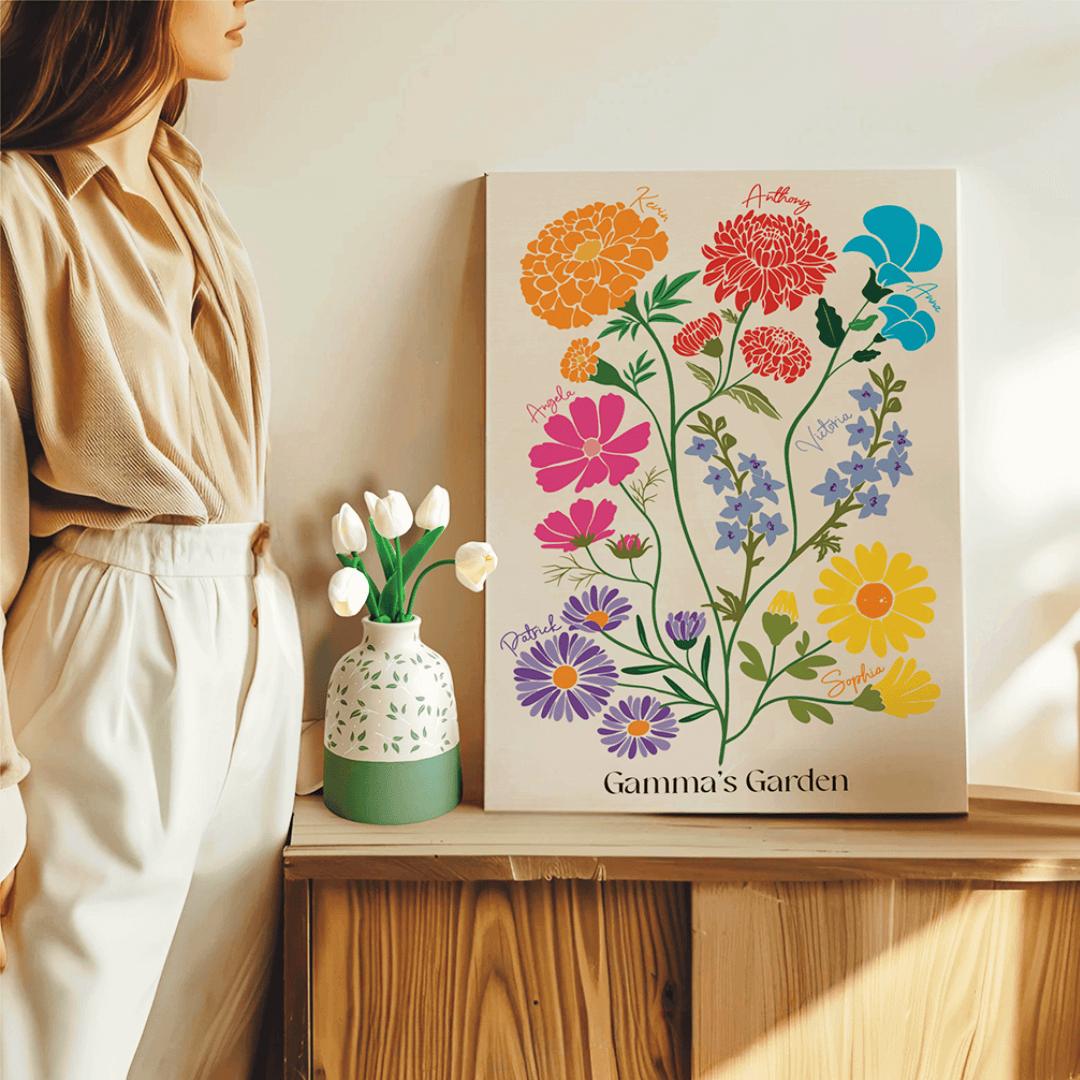 Personalized Birth Flower Family Garden Canvas — close-up of birth flower illustrations and family names
