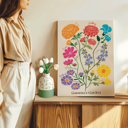 Personalized Birth Flower Family Garden Canvas — close-up of birth flower illustrations and family names