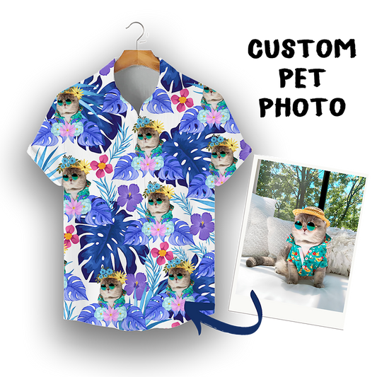 Individuelles Hawaiihemd für Tierliebhaber | Personalisiertes Geschenk für Tierliebhaber | Aloha-Shirt mit tropischem Blätter- und Blumenmuster in Weiß