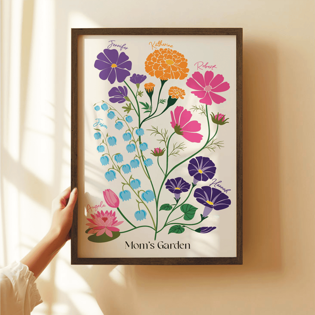 woman's hand holding a framed illustration of  birth flowers  