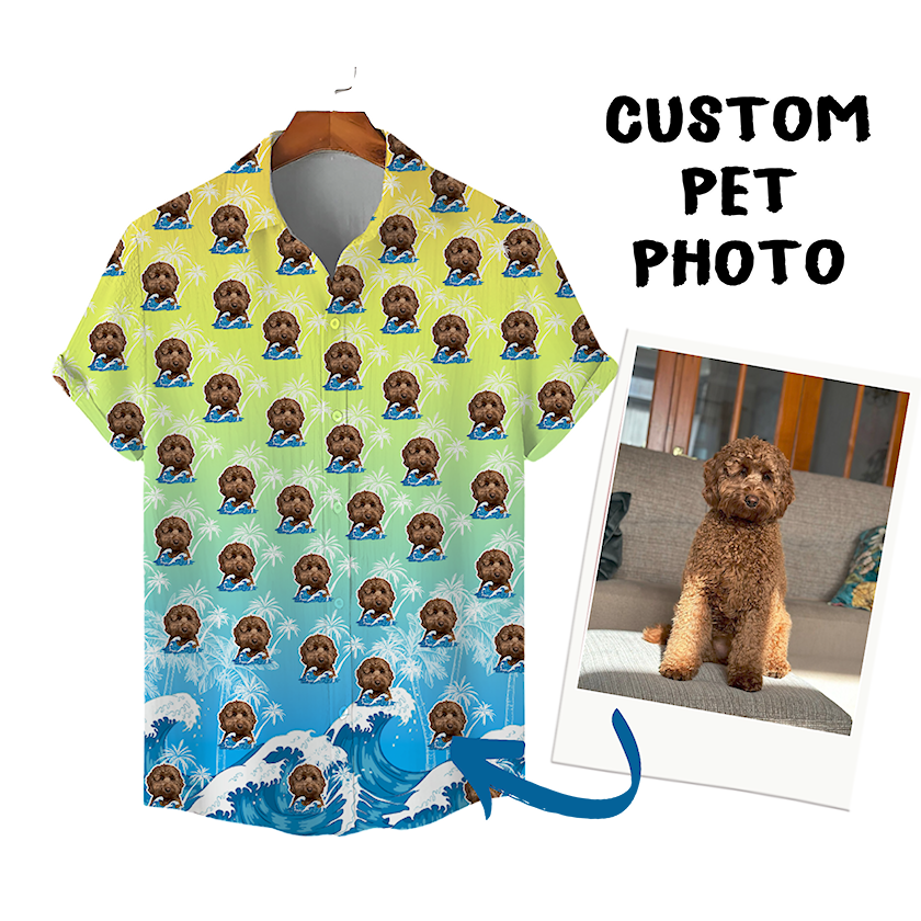 Custom Hawaiian Shirt for Pet Lovers | Personalized Pet Lovers Gift | Surfing Waves & Palm Trees Pattern Ombre Color Aloha Shirt