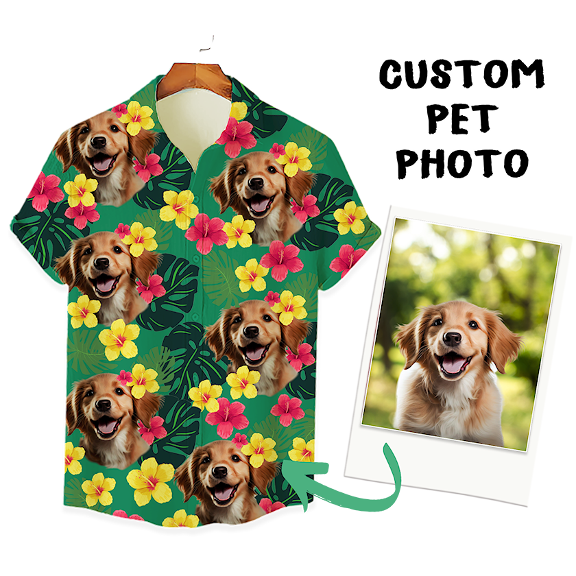 Custom Hawaiian Shirt for Pet Lovers | Personalized Pet Lovers Gift | Tropical Hibiscus & Leaves Pattern Green Color Aloha Shirt