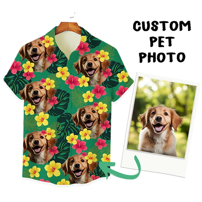 Custom Hawaiian Shirt for Pet Lovers | Personalized Pet Lovers Gift | Tropical Hibiscus & Leaves Pattern Green Color Aloha Shirt